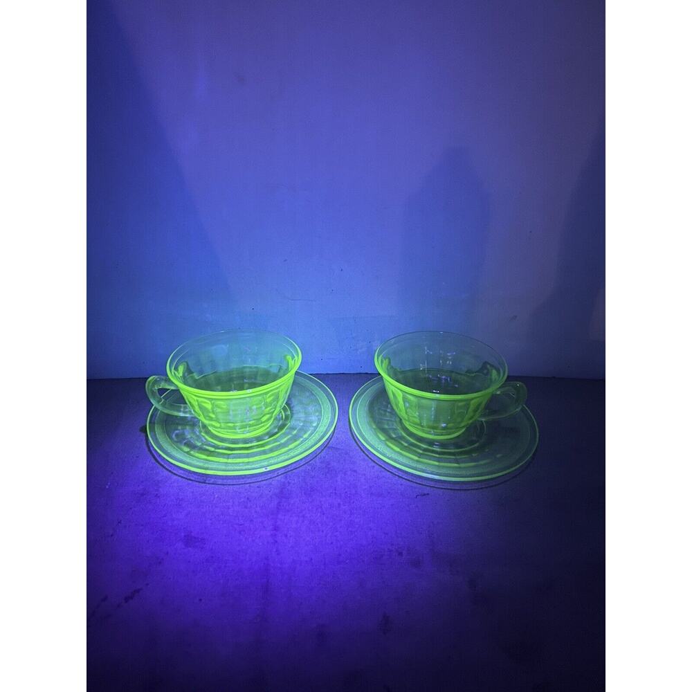 Green Uranium Depression Glass Tea Cup & Saucer Set Hocking Glass